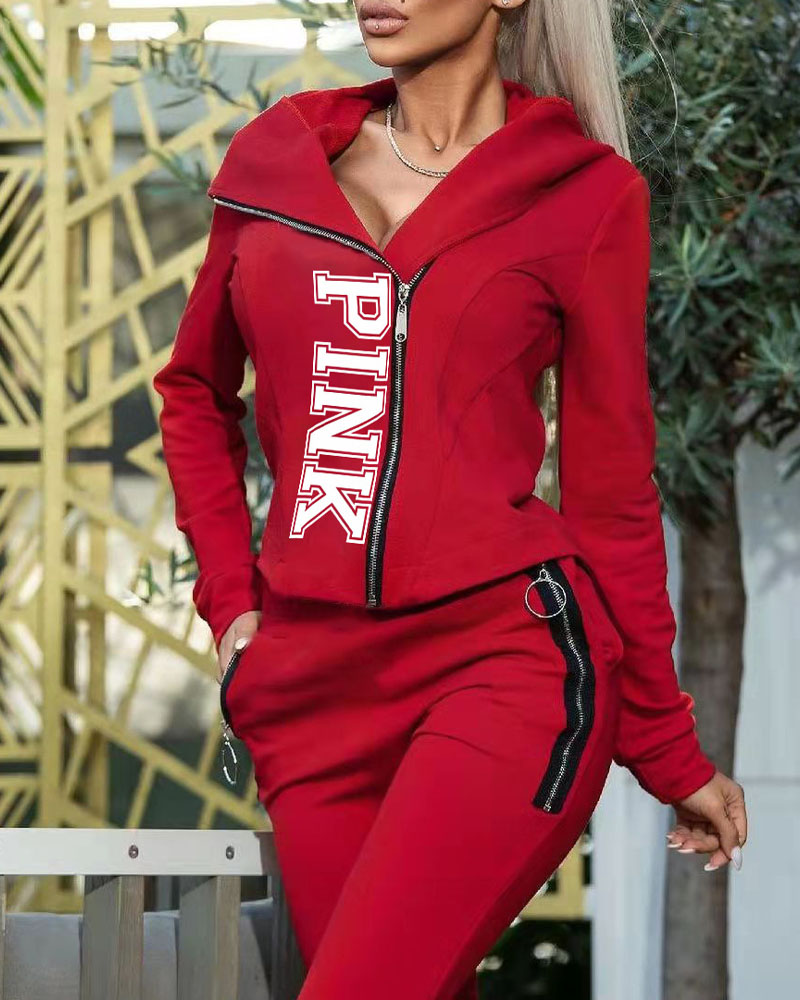 

Letter Print Zip Up Hooded Top & Pants Set, Red