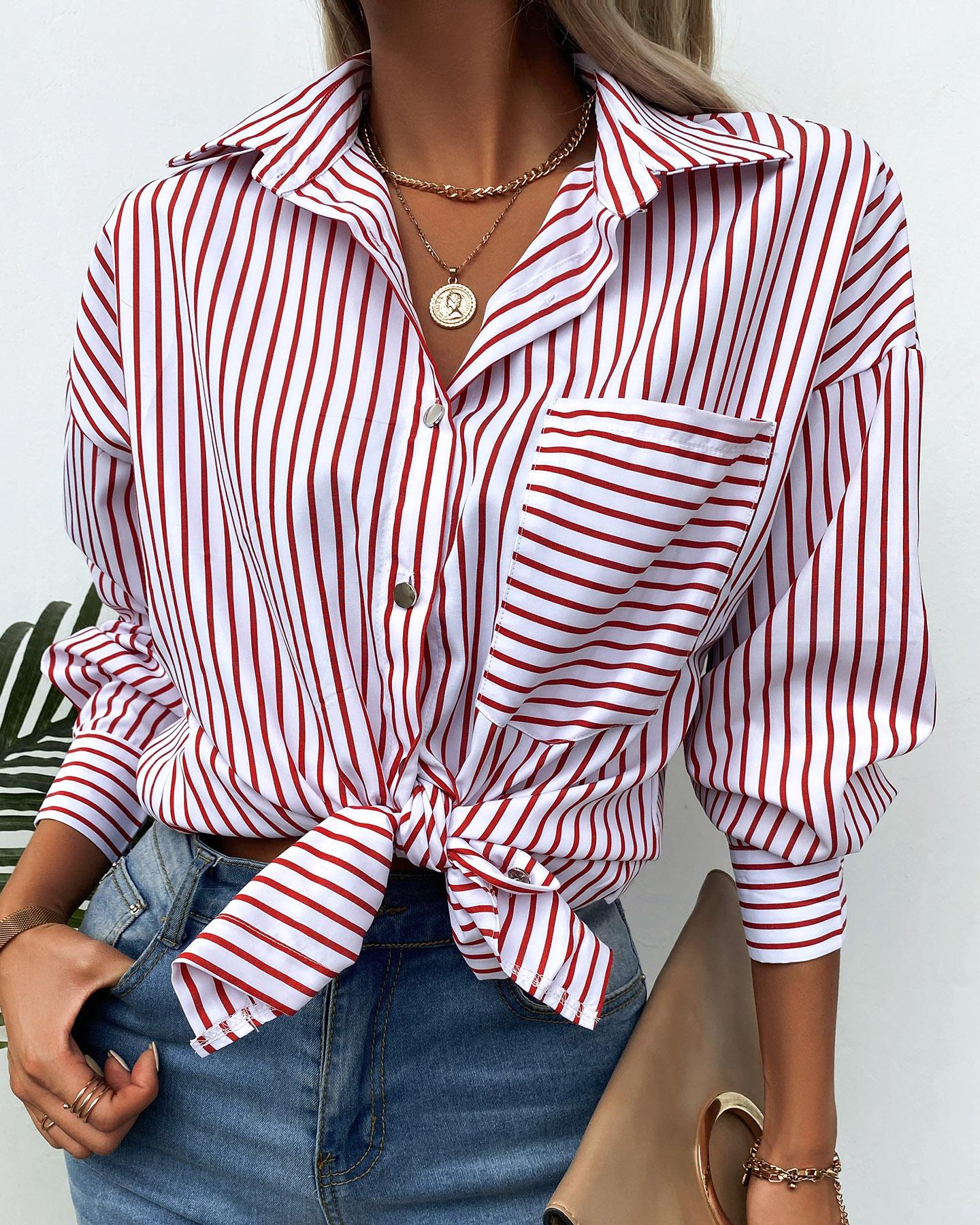 

Button Front Striped Print Lantern Sleeve Shirt, Brown