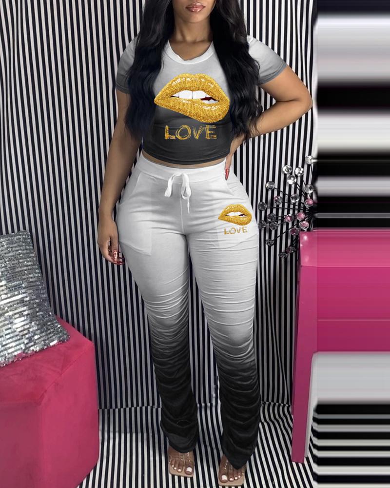 

Lip Letter Print Top & Drawstring Pants Set, Black