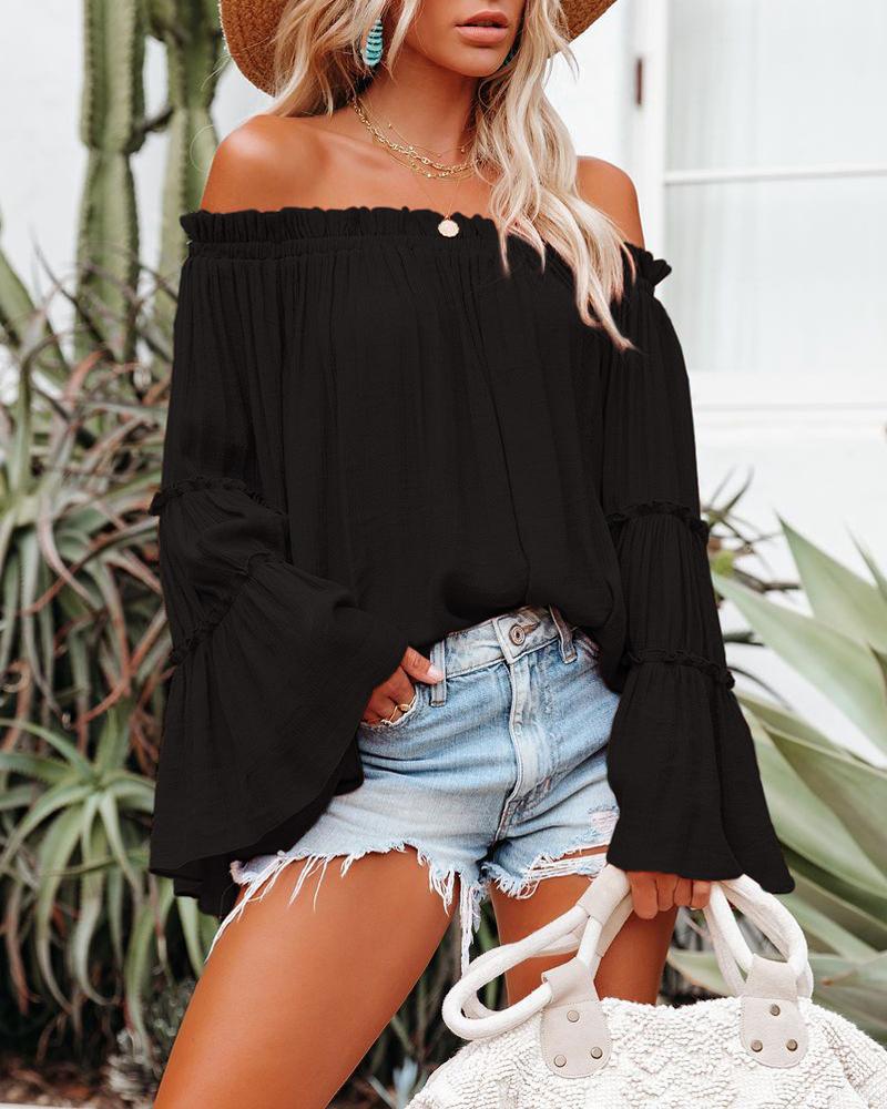 

Frill Hem Off Shoulder Bell Sleeve Top, Black