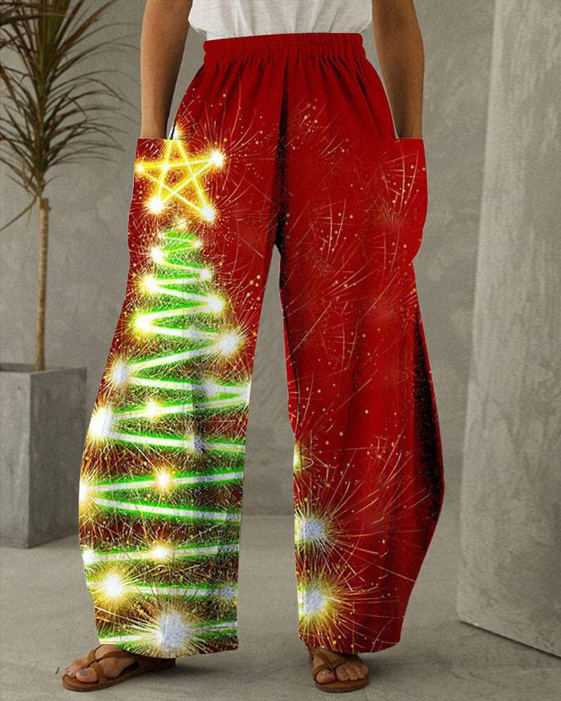 

Plus Size Christmas Tree Print Wide Leg Pants, Red