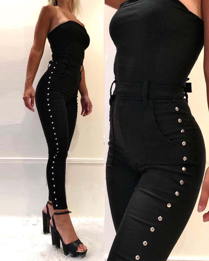 

Studded Decor Belted Tube Jumpsuit, Black