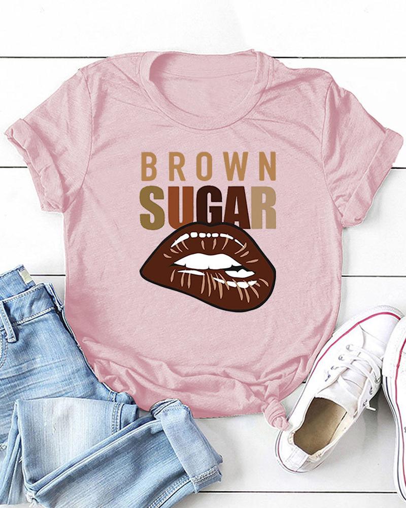 

Short Sleeve Lip Letter Print O Neck Casual T-shirt, Pink