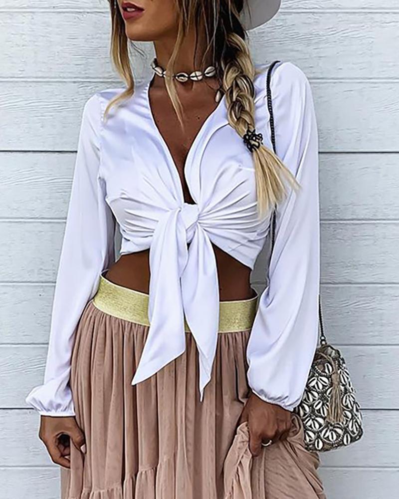 

Lantern Sleeve Knotted Front Crop Top, White