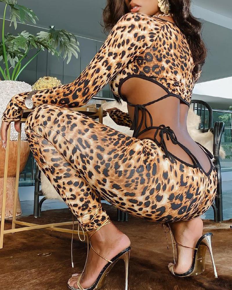 

Leopard Print Cut-Out Self Tie Skinny Jumpsuit