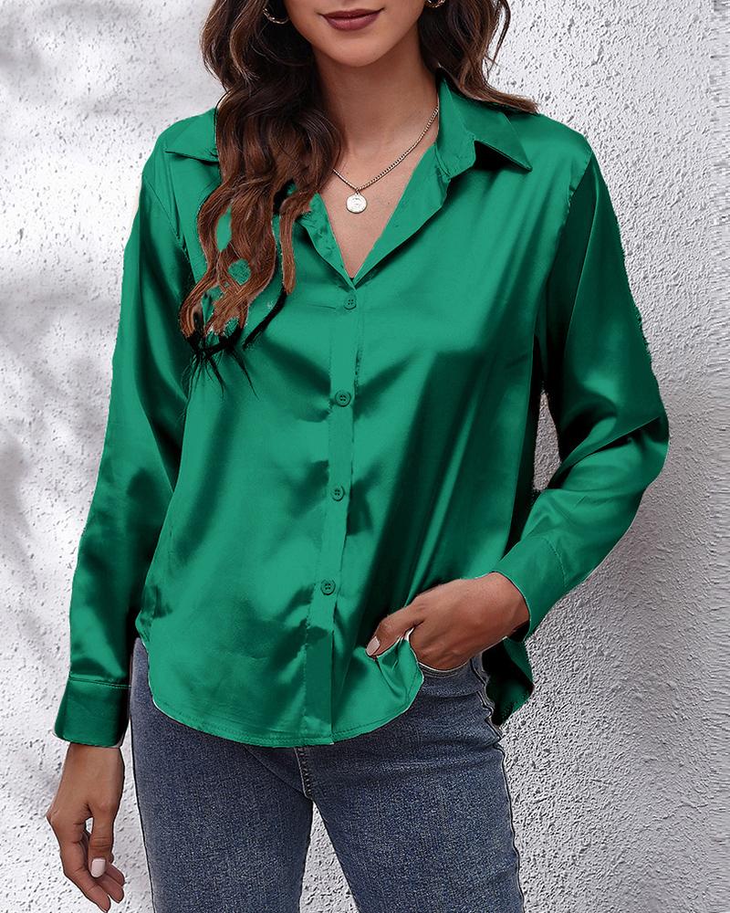 

Long Sleeve Buttoned Satin Work Top, Green