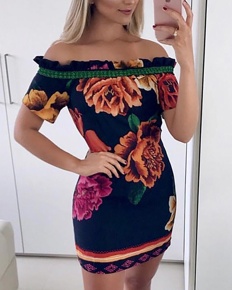 

Off Shoulder Floral Print Dress, Purplish blue