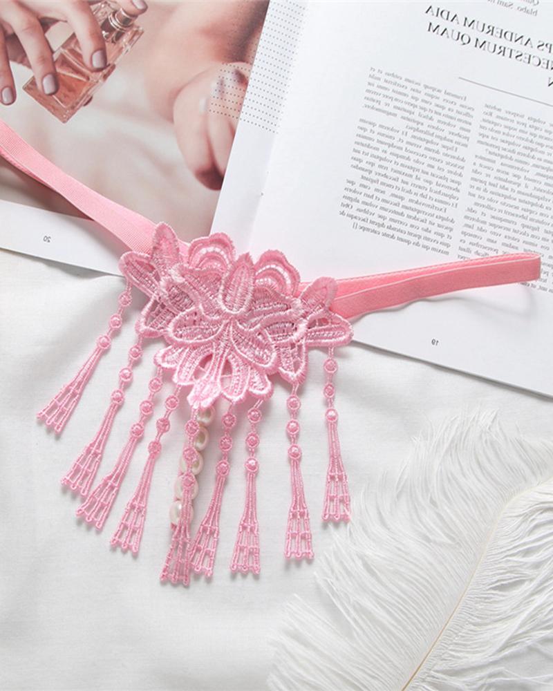 

Sexy Tassel Embroidery Skinny Low Waist Thong Panties, Pink