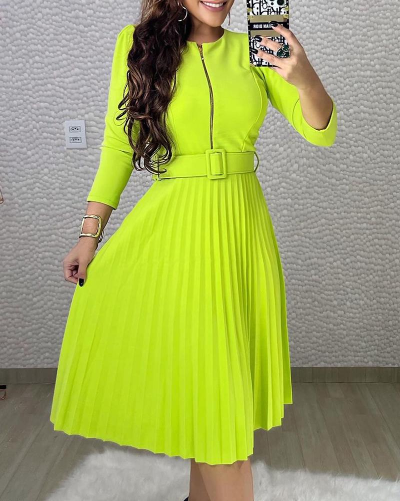 

Zipper Design Pleated Long Sleeve Midi Dress, Yellow