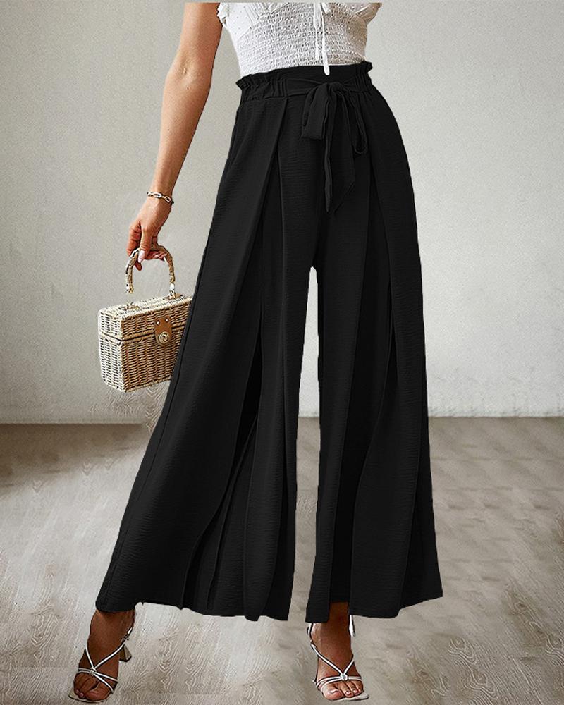 

Tie Front Pleated Design Wide Leg Pants, Black