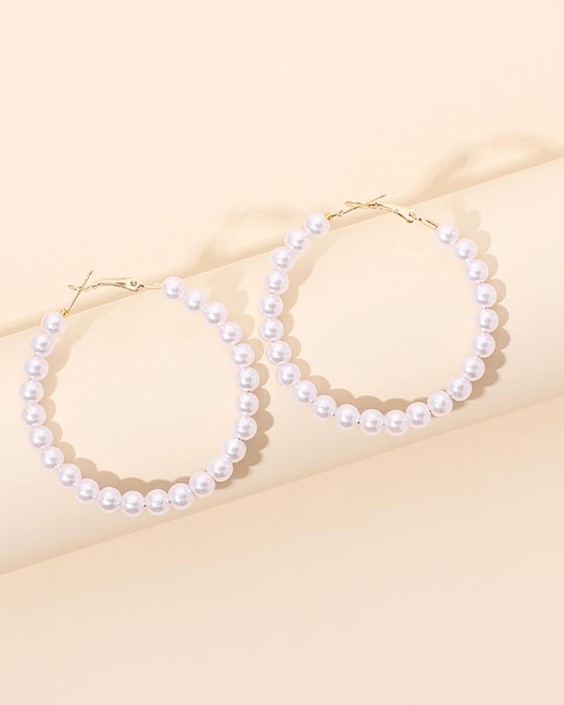 

1Pair Faux Pearl Beaded Hoop Earrings, White