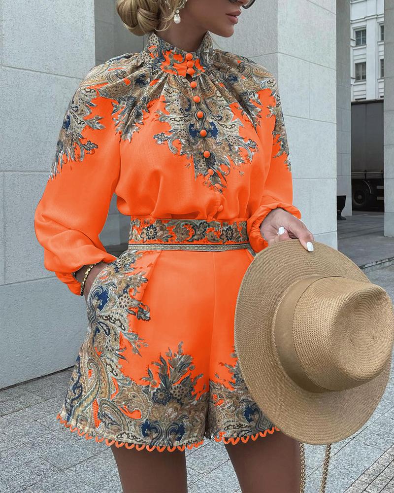 

Baroque Print Button Front Lantern Sleeve Top & Shorts Set, Orange