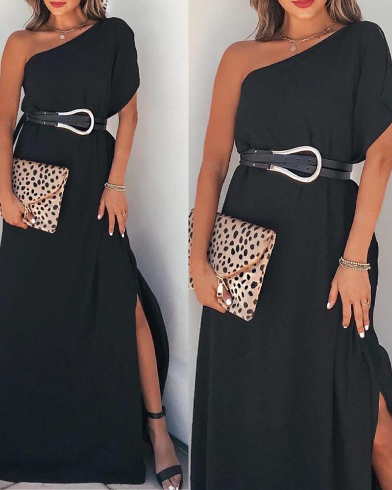 

One Shoulder High Slit Maxi Dress, Black