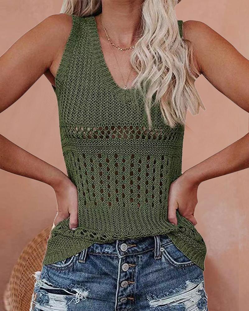 

Solid Color Hollow-out Weave Sleeveless Tank Top, Green