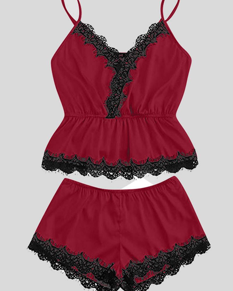 

Solid Color Splicing Lace Sling Velvet 2-Piece Pajamas Sets, Wine red