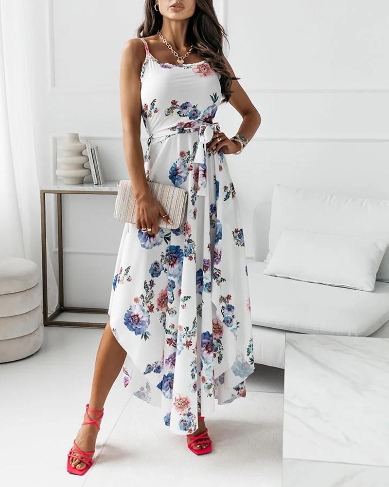 

Spaghetti Strap Curved Hem Belted Floral Print Dress, Blue