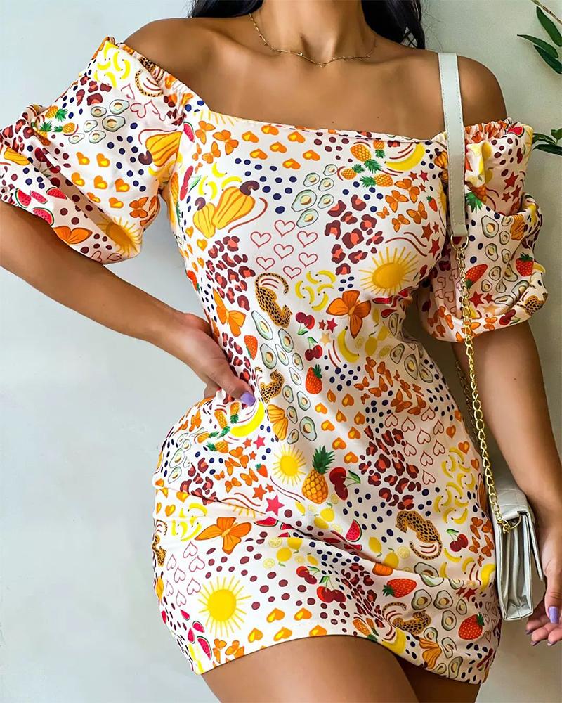 

Tied Detail Backless Puff Sleeve Allover Print Dress, Multicolor