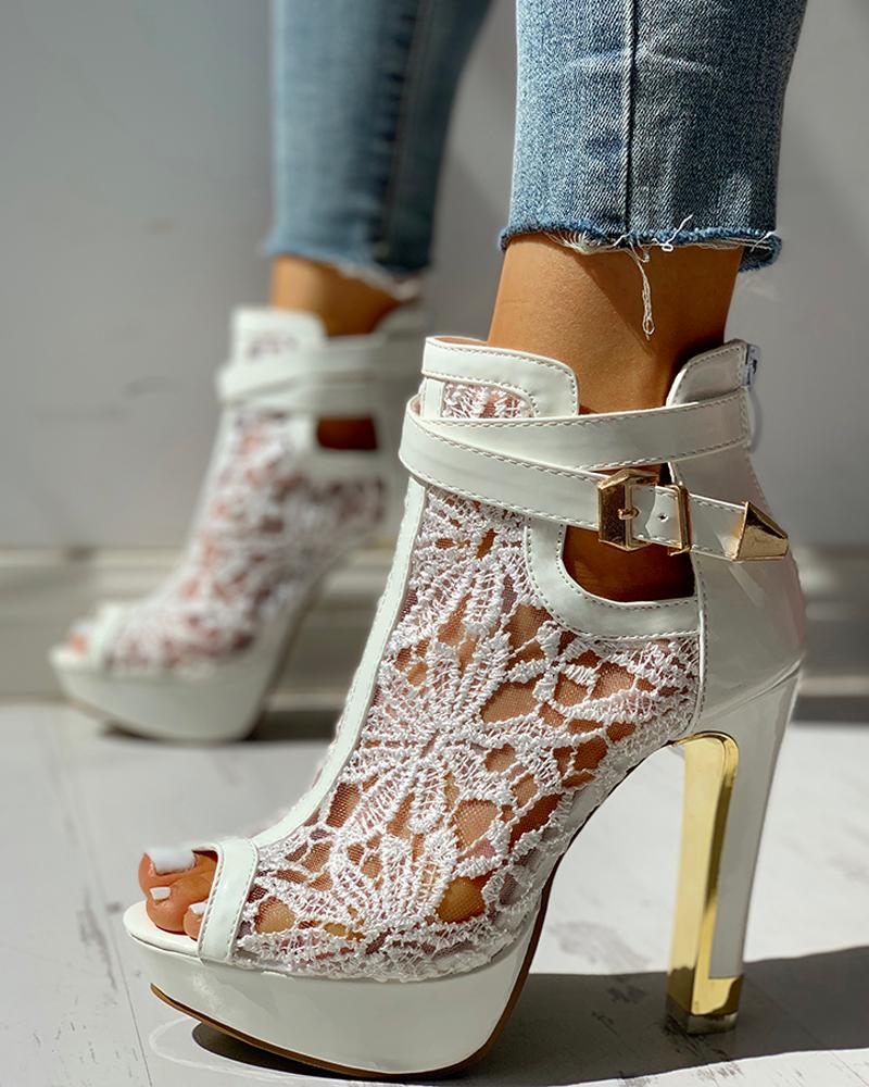 

Peep Toe Ankle Buckled Lace Embroidery Thin Heeles, White