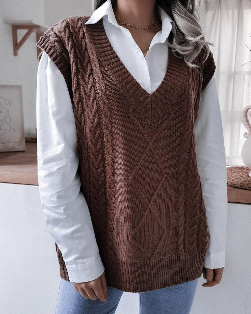

V-Neck Cable Knit Sweater Vest, Coffee