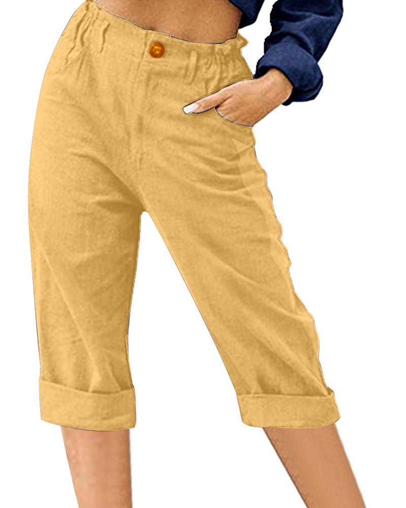 

High Waist Pocket Design Capris Pants, Yellow