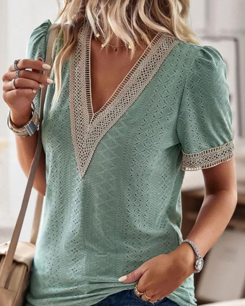 

Eyelet Embroidery Contrast Lace Top, Green