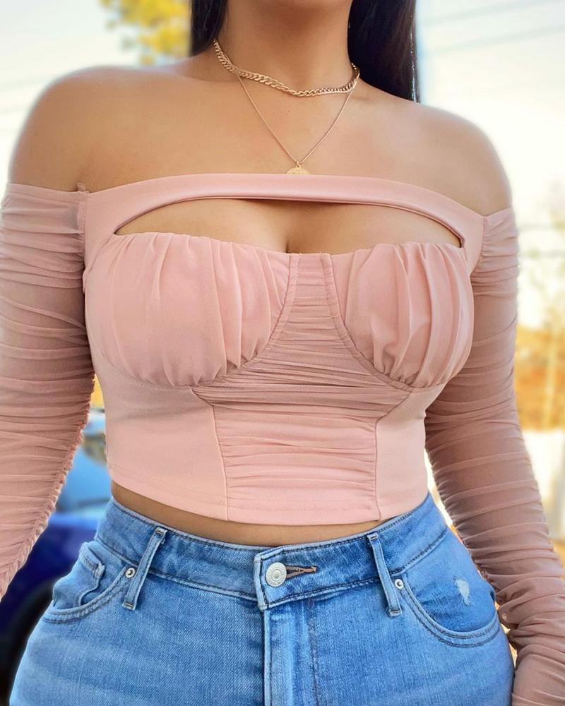 

Off Shoulder Cutout Long Sleeve Ruched Skinny Top, Pink