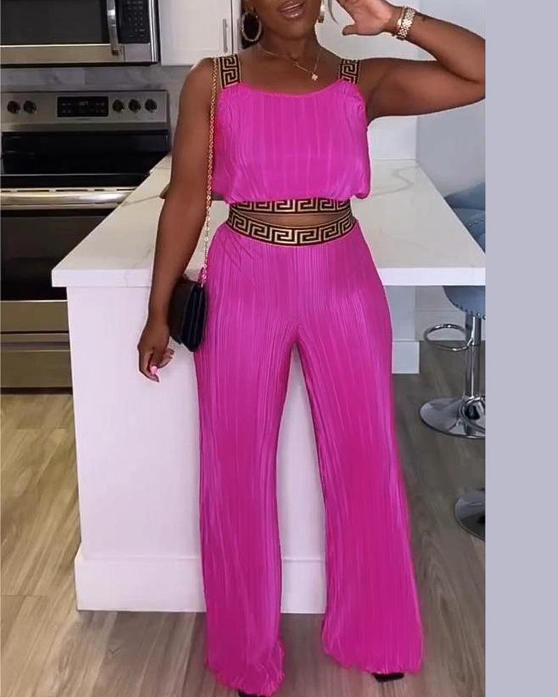 

Geometric Print Crop Top & Wide Leg Pants Set, Pink