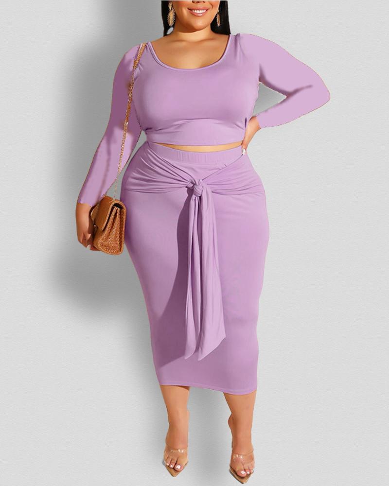 

Plus Size Long Sleeve Crop Top & Tie Front Skirt Set, Purple