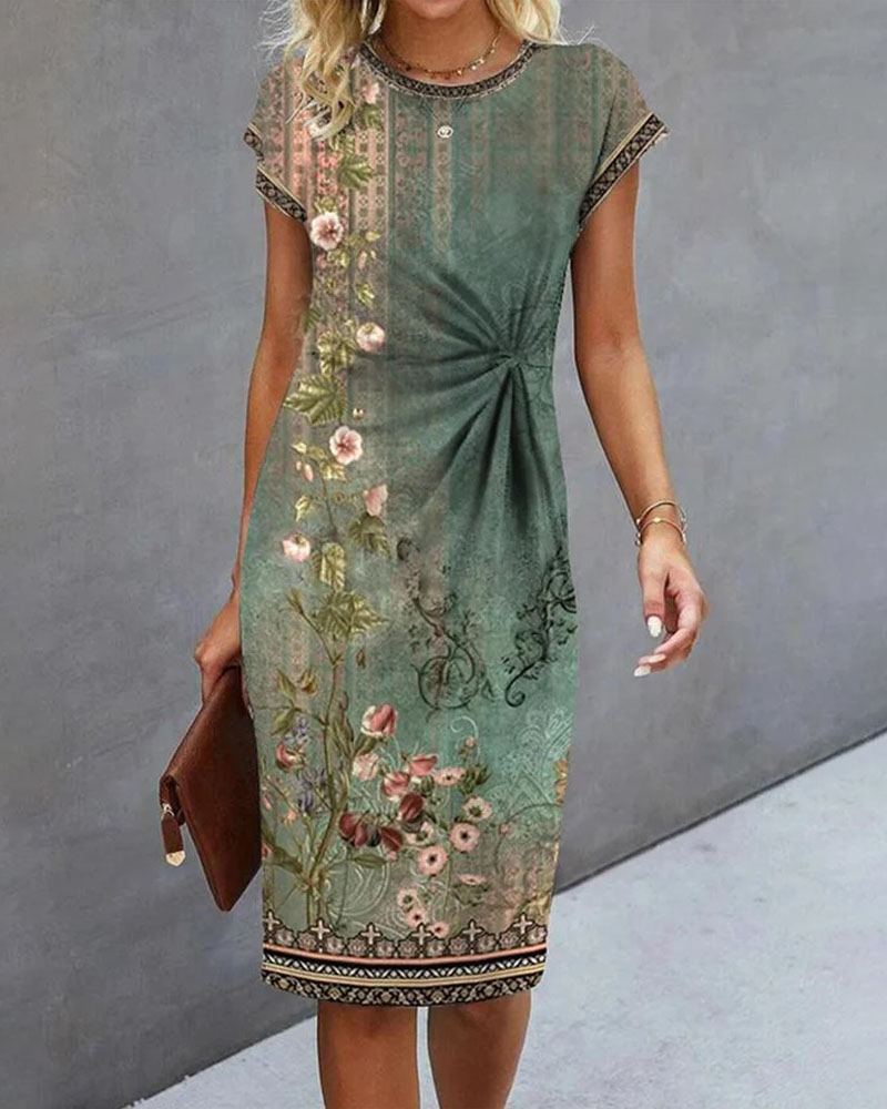 

Tribal Floral Print Twisted Casual Dress, Green