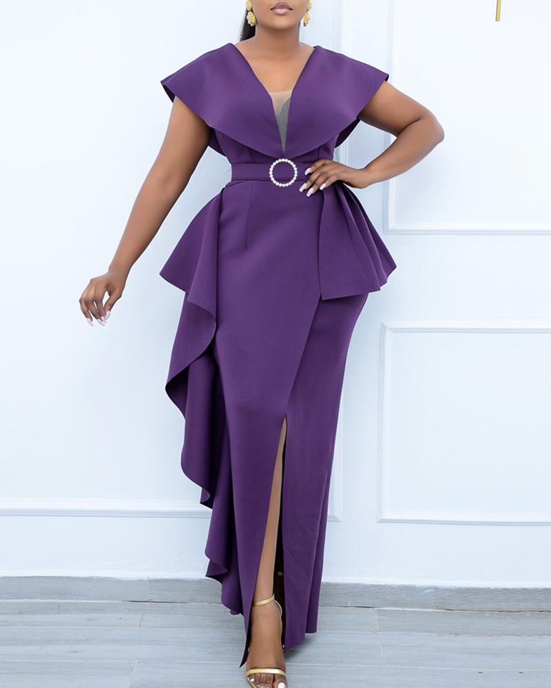 

High Slit Ruffles Plunge Evening Dress, Purple