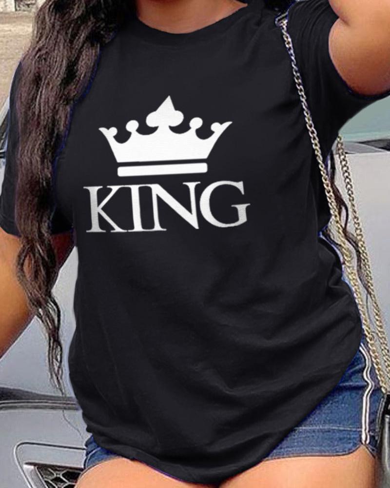 

Crown Letter Print Short Sleeve T-shirt, Black
