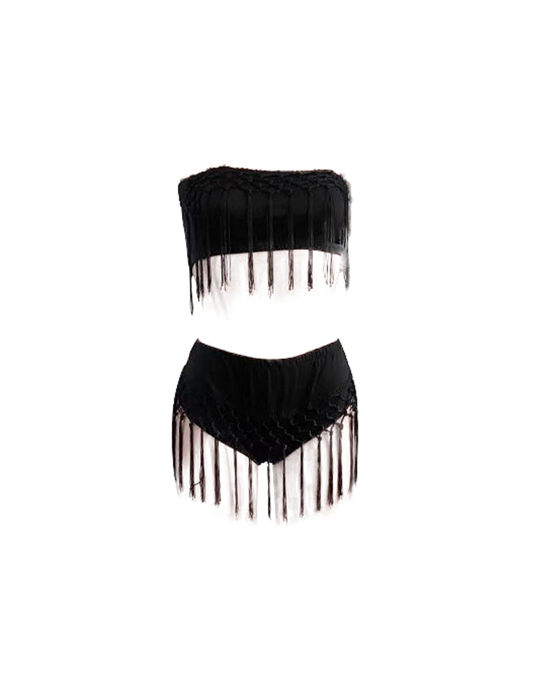 

Tassel Decor High Waist Bikini Set, Black