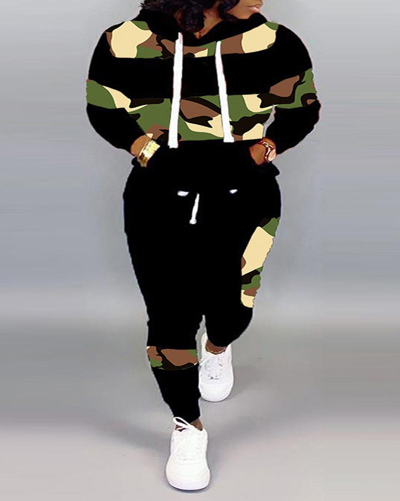 

Plus Size Camouflage Print Long Sleeve Hoodie & Pants Set, Black