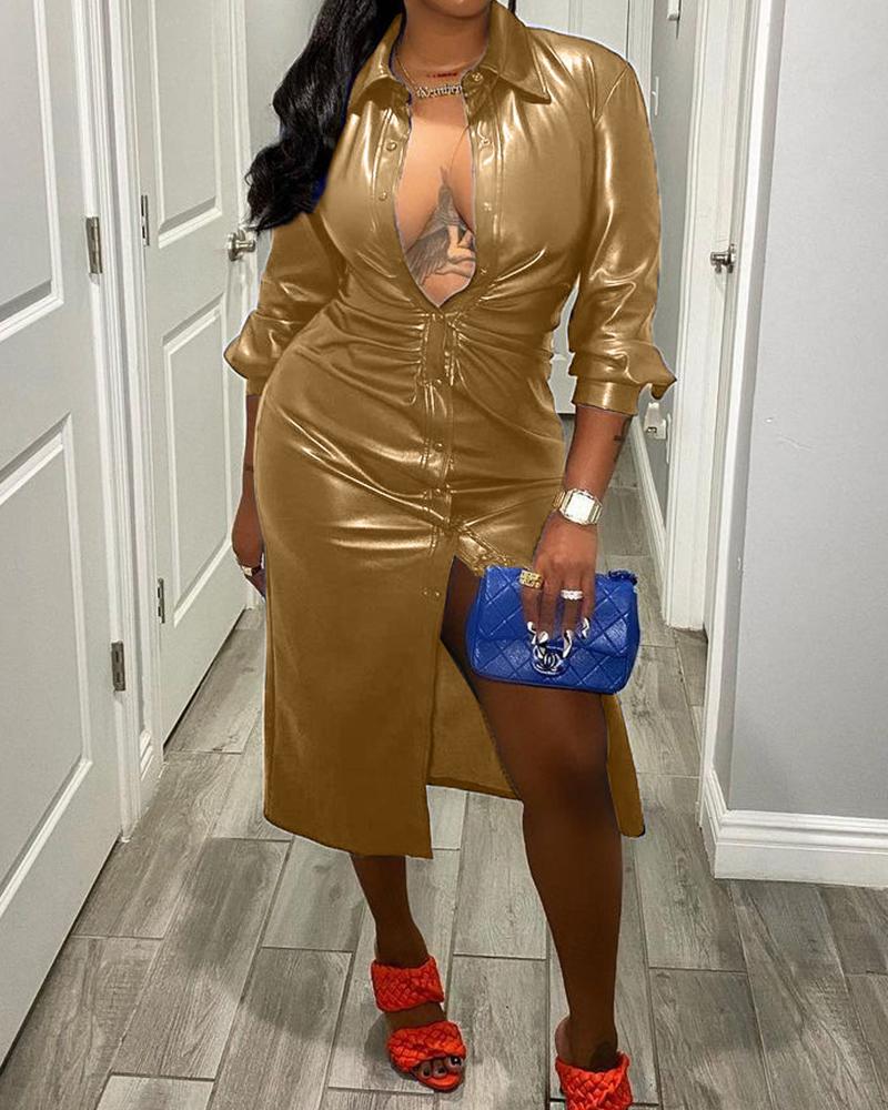 

Buttton Design Long Sleeve PU Leather Trench Coat, Gold