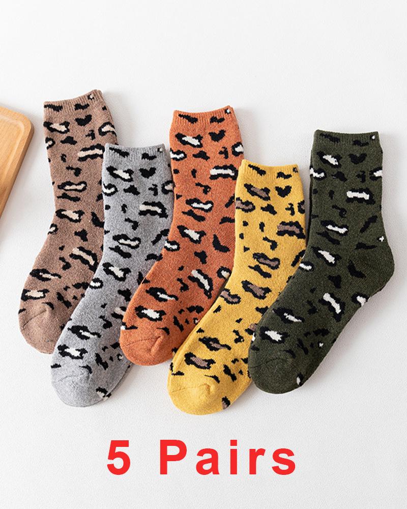 

5Pairs/Set Leopard Winter Thermal Crew Socks, Style1