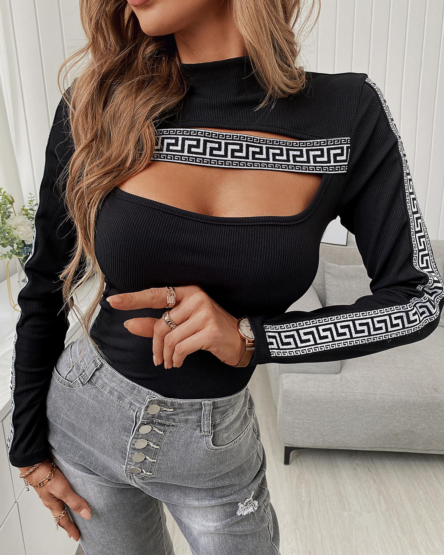 

Studded Cutout Long Sleeve Top, Black