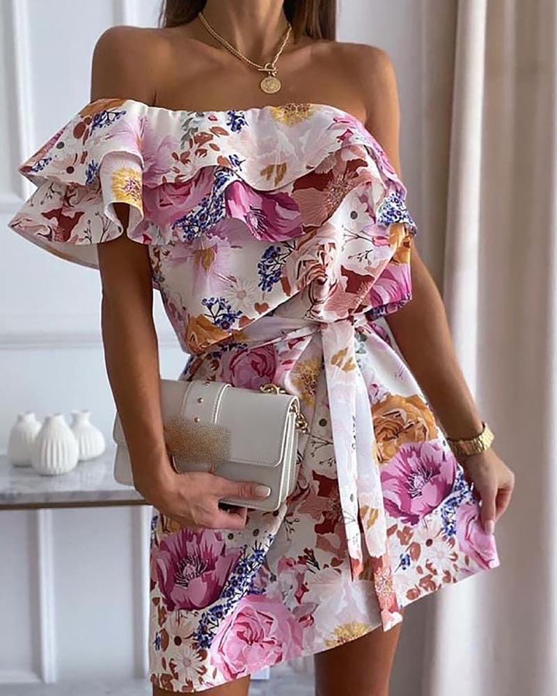 

One Shoulder Ruffles Trim Floral Print Dress, Pink