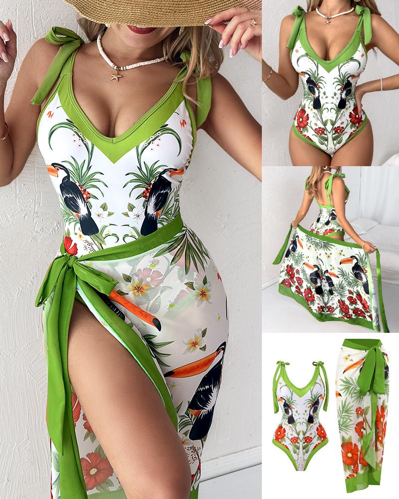 

Traje de baño de una pieza con estampado de pájaros y plantas, Green