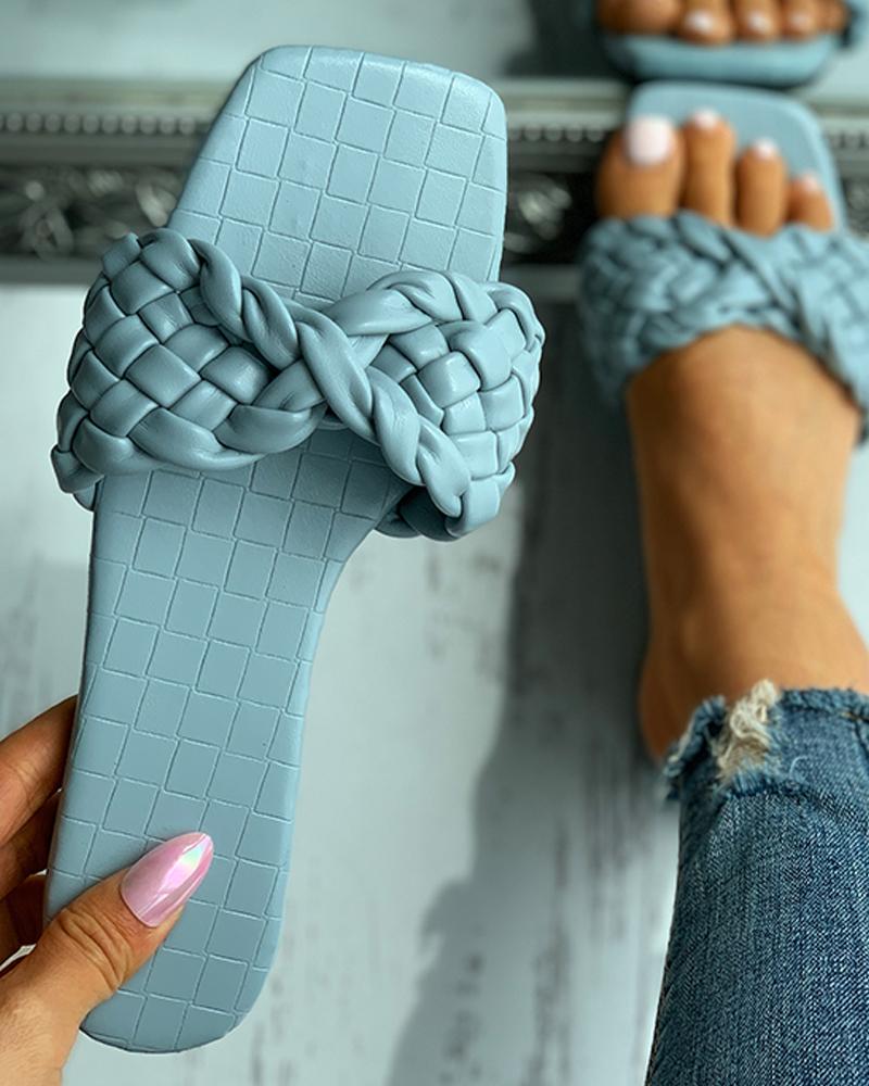 

Braided Twisted Design Square Toe Slippers, Blue