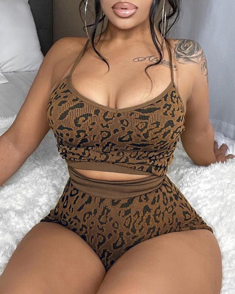 

Ribbed Leopard Print High Waist Lounge Set, Brown