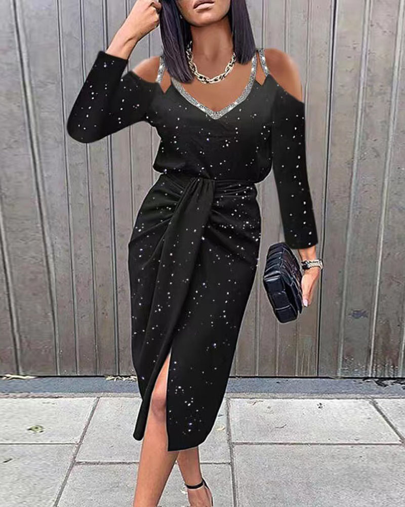 

Glitter Cold Shoulder Ruched Split Work Dress, Black