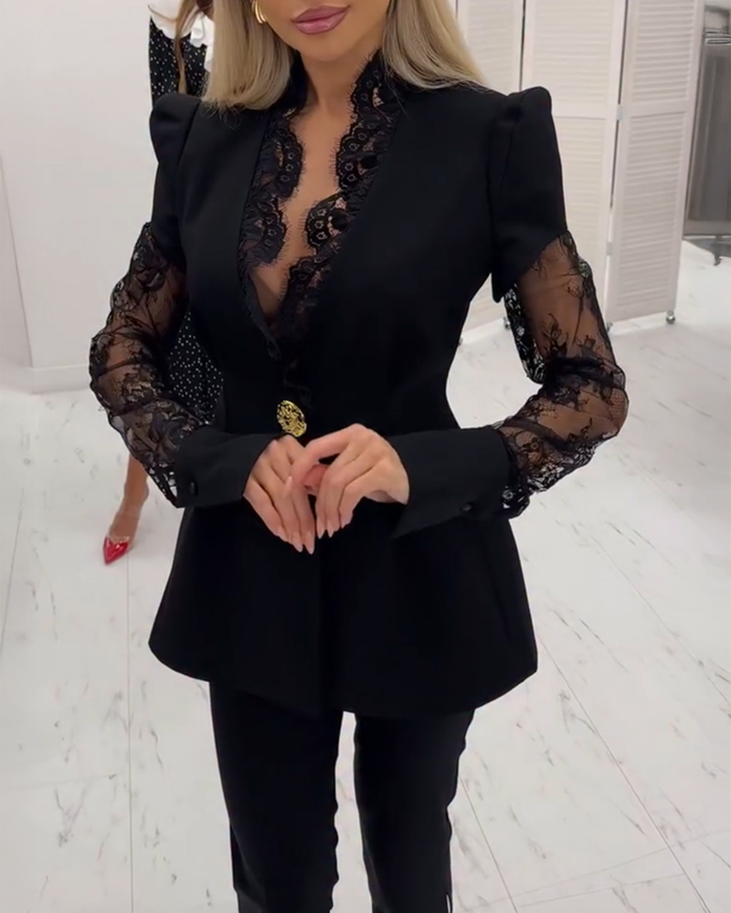 

Eyelash Lace Trim Deep V-Neck Puff Sleeve Single Breasted Coat Lace Spliced Long Sleeves Waist A-Line Blazer Coat, Black