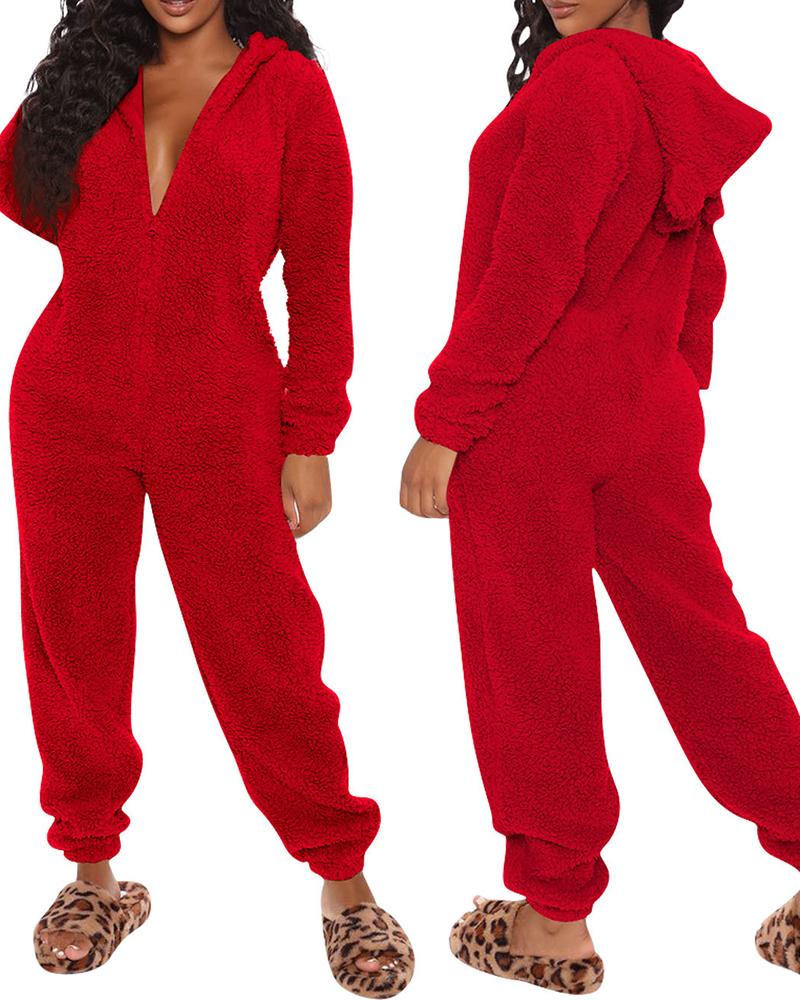 

3D Ear Zipper Front Hooded Fluffy Lounge Jumpsuit, Red