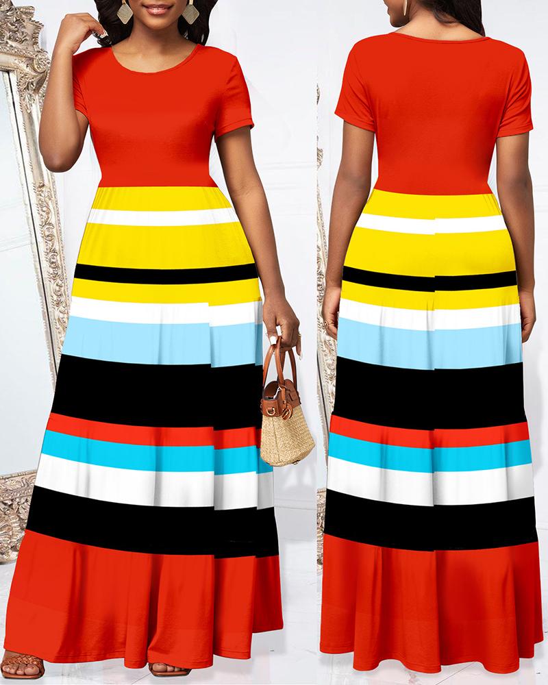 

Striped Ruched Short Sleeve Maxi Dress, Red