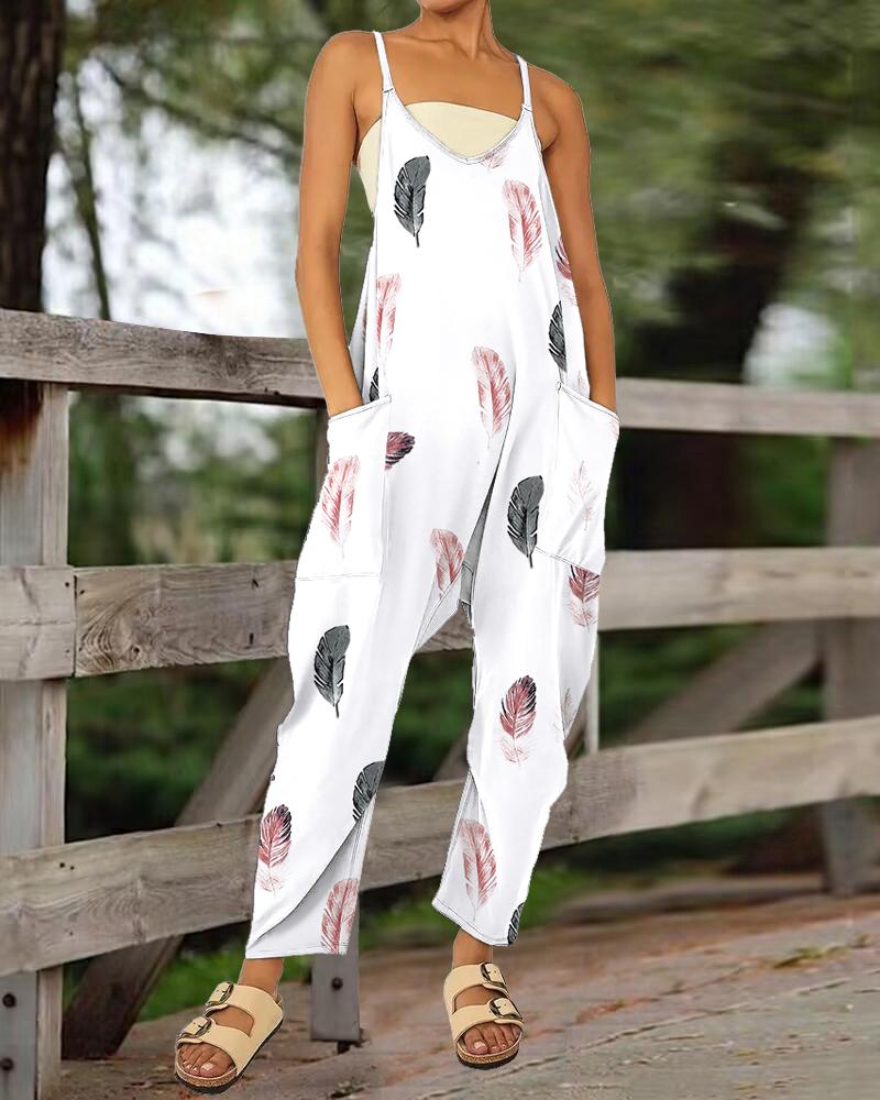 

Feather Print Pocket Design Cami Jumpsuit, White