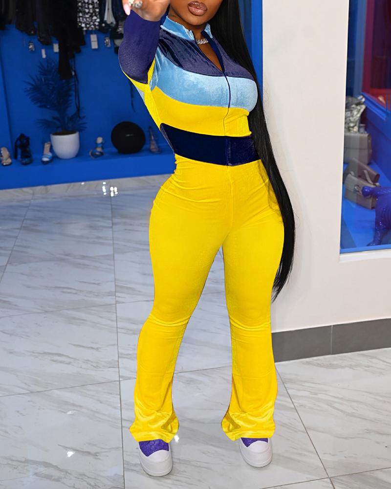 

Colorblock Velvet Zipper Design Long Sleeve Jumpsuit, Yellow