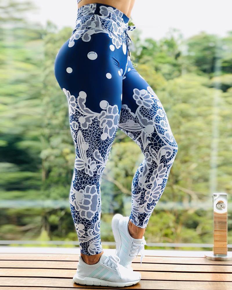 

Crochet Lace Patch Polkadot Print Leggings, Blue