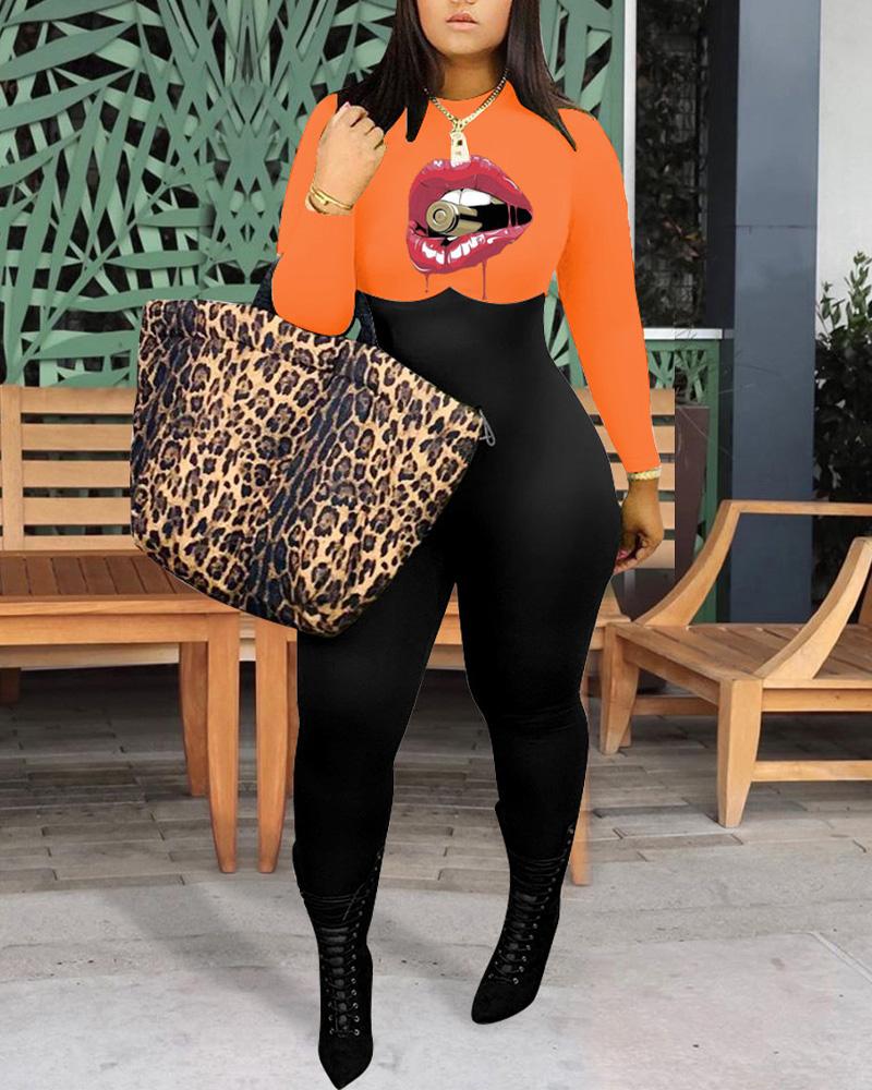 

Colorblock Lip Print Long Sleeve Jumpsuit, Orange