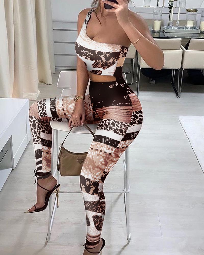 

One Shoulder Cheetah Print Colorblock Cutout Jumpsuit, Multicolor