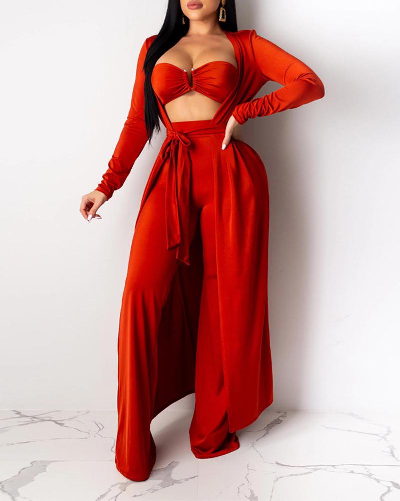 

Long Sleeve Tied Detail Coat & Wide Leg Pants Set With Bralette, Red
